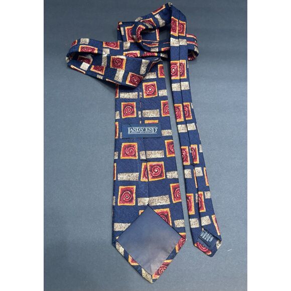 Lands’ End Direct Merchants Silk Tie – Navy with Red Spiral Squares & Tan - Picture 2 of 4